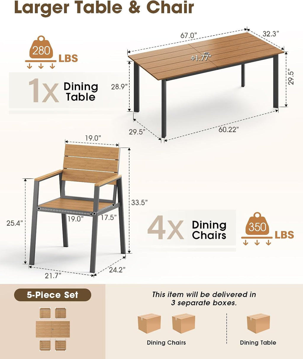 Outdoor Dining Set for 4, Aluminum Patio HDPS Outdooor Table and Chairs Set with Umbrella Hole, All Weather Patio Furniture Set, 5 Peice Patio Dining Table Set (Gray & Teak)