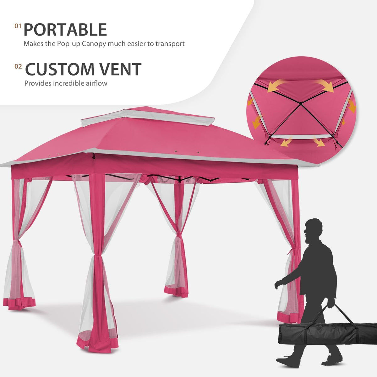 COOS BAY 11x11 Pop Up Gazebo with Mesh Netting, Instant Outdoor Canopy Tent, Water Resistant Shelter with UPF 50+ UV Protection, 121 Sq Ft Coverage, Dark Pink