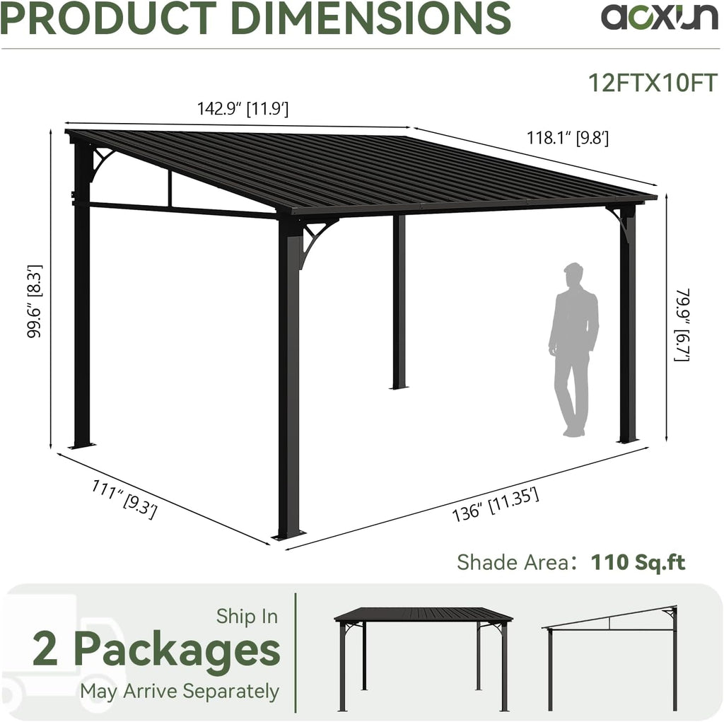 Aoxun 10' x 12' Lean to Gazebo, Hardtop Outdoor Pergola with Sloping Galvanized Steel Roof, Large Wall-Mounted Heavy Duty Awnings for Patio, Backyard, Deck, Porch (Black)