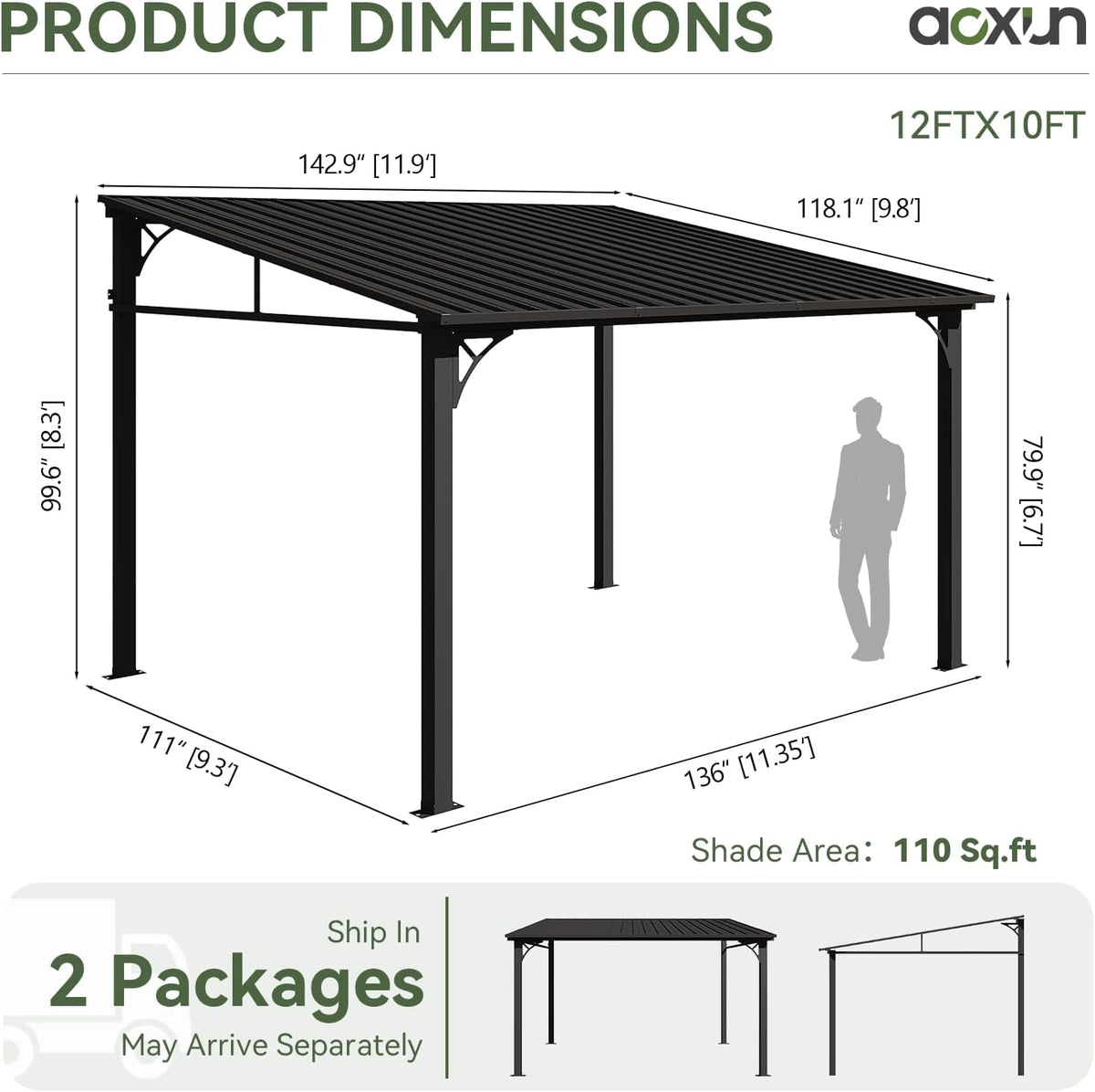 Aoxun 10' x 12' Lean to Gazebo, Hardtop Outdoor Pergola with Sloping Galvanized Steel Roof, Large Wall-Mounted Heavy Duty Awnings for Patio, Backyard, Deck, Porch (Black)