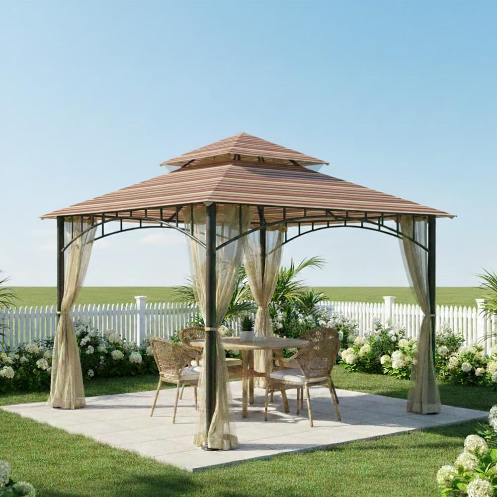 Garden Winds Durable 350 Replacement Canopy Top Compatible with Madaga 10' x 10' Gazebo Models L-GZ136PST, L-GZ136PST-7, L-GZ136PST-2 - Stripe Canyon