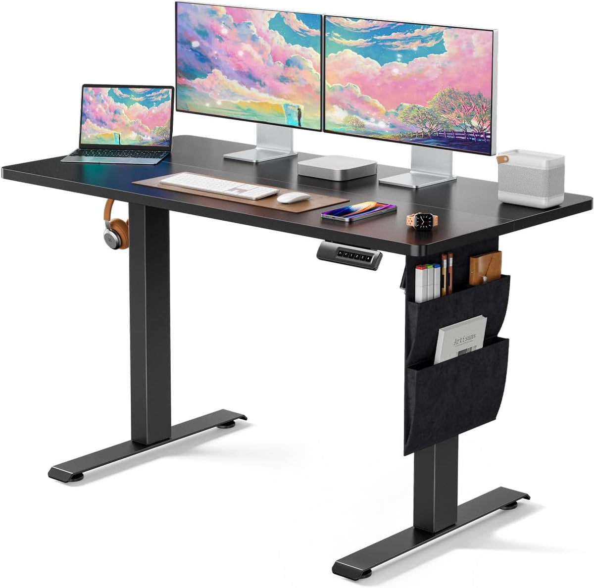 Marsail Electric Adjustable Height Standing Desk with Storage Bag, 48 * 24' Sit Stand Up Desk for Home Office,Computer Gaming Workstation, 4 Memory Height Settings,Cable Manager, and Headphone Hook