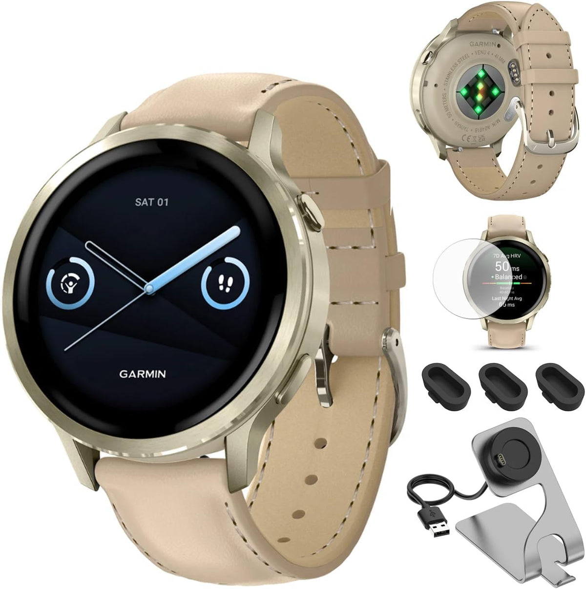 Garmin Venu 4 (41mm) GPS Smartwatch Lunar Gold with Bone Band and Light Sand Leather Band Bundle w/Deco Essentials Charging Dock, 3-Pack Dust Covers & 2-Pack 1.2' Screen Protectors
