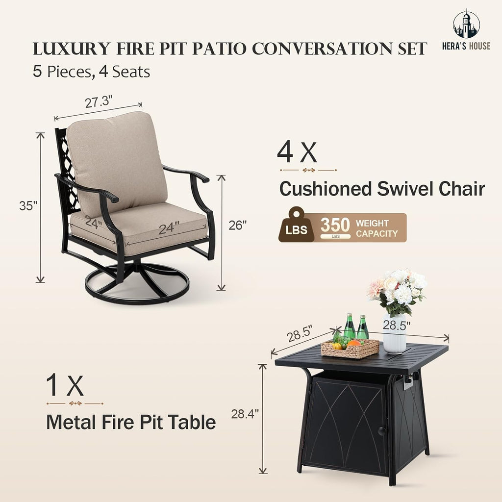 HERA'S HOUSE 5 Pieces Fire Pit Patio Furniture Set, 4 x Thick Cushioned Swivel Chairs with 28' Fire Pit Table (50,000 BTU), Outdoor Conversation Set for Garden, Backyard, Lawn