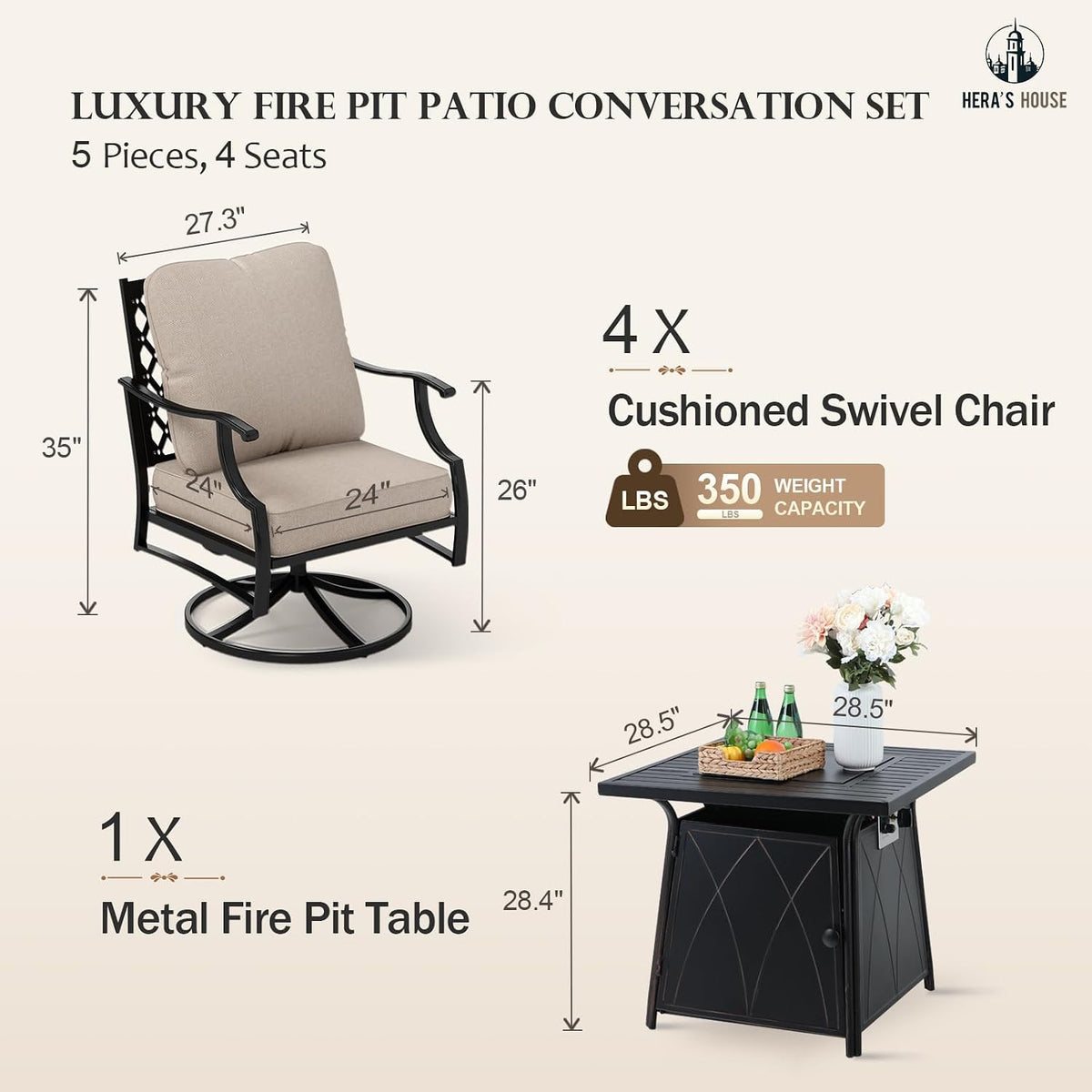 HERA'S HOUSE 5 Pieces Fire Pit Patio Furniture Set, 4 x Thick Cushioned Swivel Chairs with 28' Fire Pit Table (50,000 BTU), Outdoor Conversation Set for Garden, Backyard, Lawn