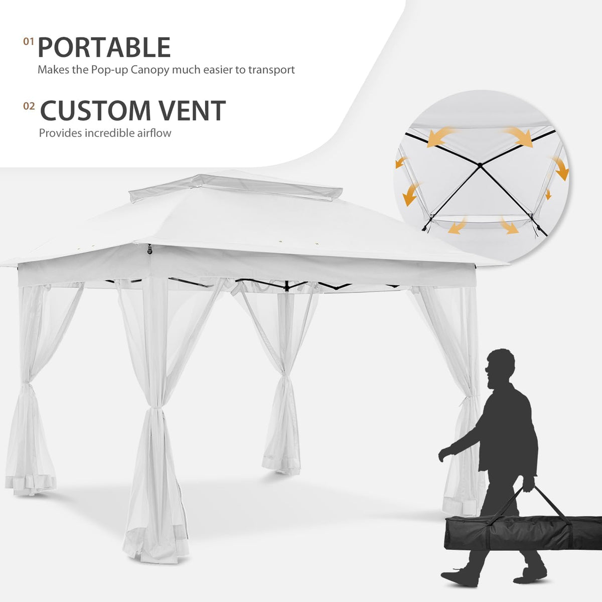 COOS BAY 11x11 Pop Up Gazebo with Mesh Netting, Instant Outdoor Canopy Tent, Water Resistant Shelter with UPF 50+ UV Protection, 121 Sq Ft Coverage, White