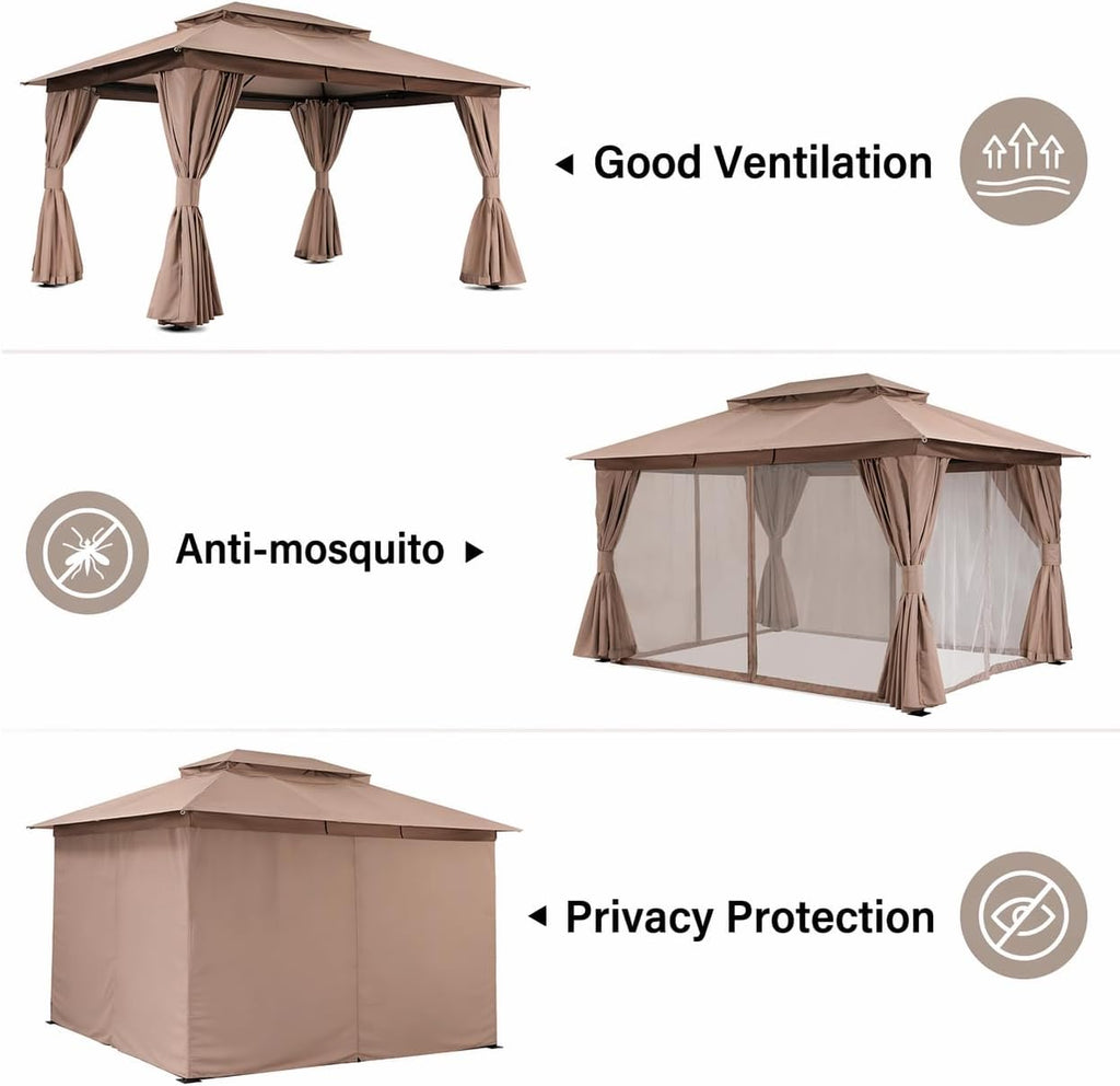 LAUSAINT HOME 10'x13' Outdoor Gazebo, Upgraded Metal Frame Heavy Duty Patio Canopy Tent Shelter with Double Roofs, Mosquito Nettings and Privacy Screens for Backyard, Garden, Lawn, Khaki