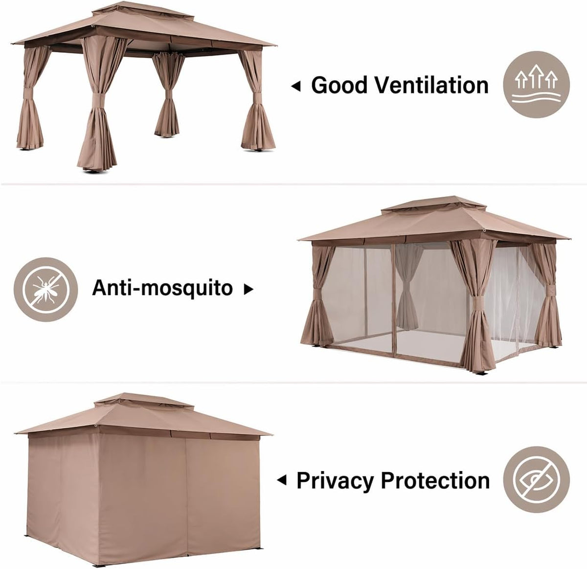 LAUSAINT HOME 10'x13' Outdoor Gazebo, Upgraded Metal Frame Heavy Duty Patio Canopy Tent Shelter with Double Roofs, Mosquito Nettings and Privacy Screens for Backyard, Garden, Lawn, Khaki