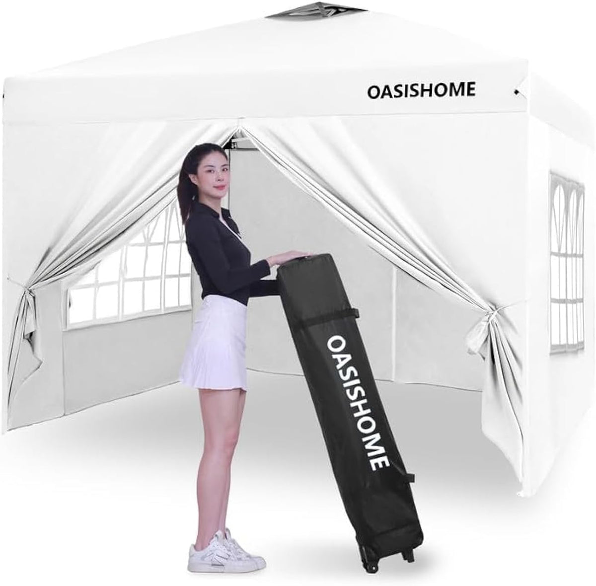 OASISHOME Pop-up Gazebo Instant Portable Canopy Tent 10'x10', with 4 Sidewalls, Windows, Wheeled Bag, for Patio/Outdoor/Wedding Parties and Events (10FTx10FT, White)