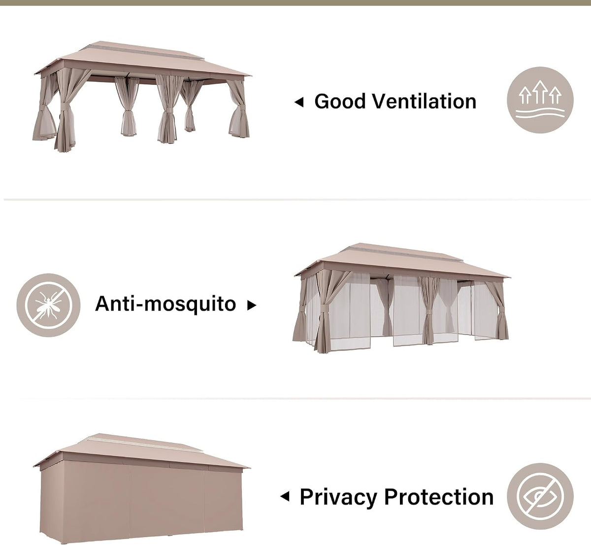 LAUSAINT HOME 10'x20' Outdoor Gazebo, Metal Frame Heavy Duty Patio Canopy Tent Shelter with Double Roofs, Mosquito Nettings and Privacy Screens for Backyard, Garden, Lawn, Khaki