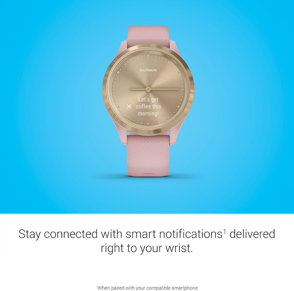 Garmin vivomove 3s, Smaller-Sized Hybrid Smartwatch with Real Watch Hands and Hidden Touchscreen Display, Light Gold with Rose Case and Band