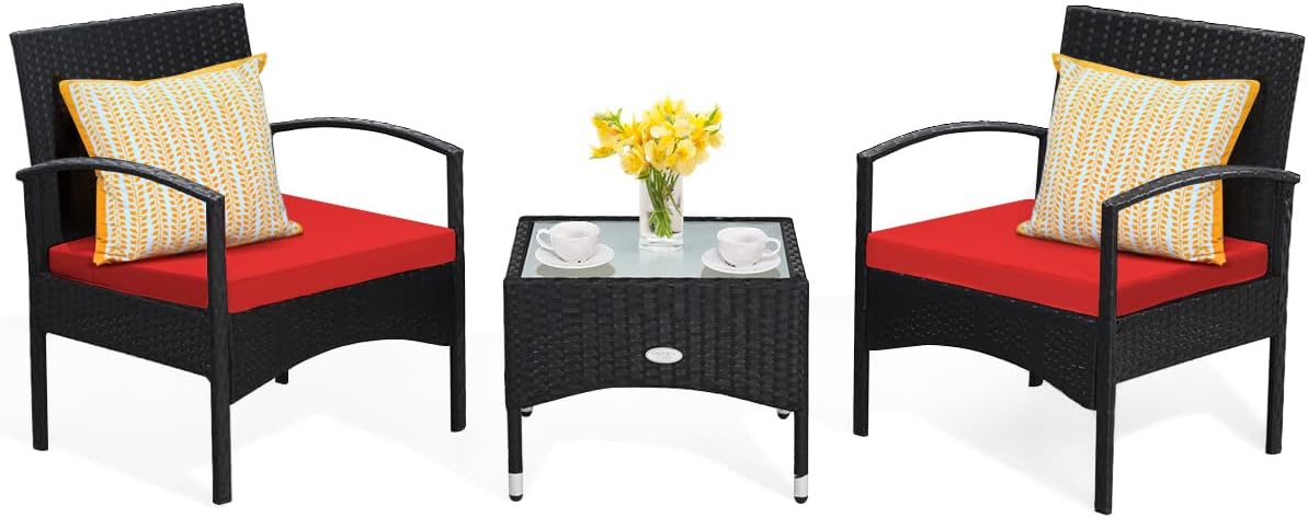 Tangkula 3 Pieces Patio Wicker Rattan Furniture Set, Rattan Chair with Coffee Table, High Load Bearing Chair Conversation Sets for Patio Garden Lawn Backyard Pool