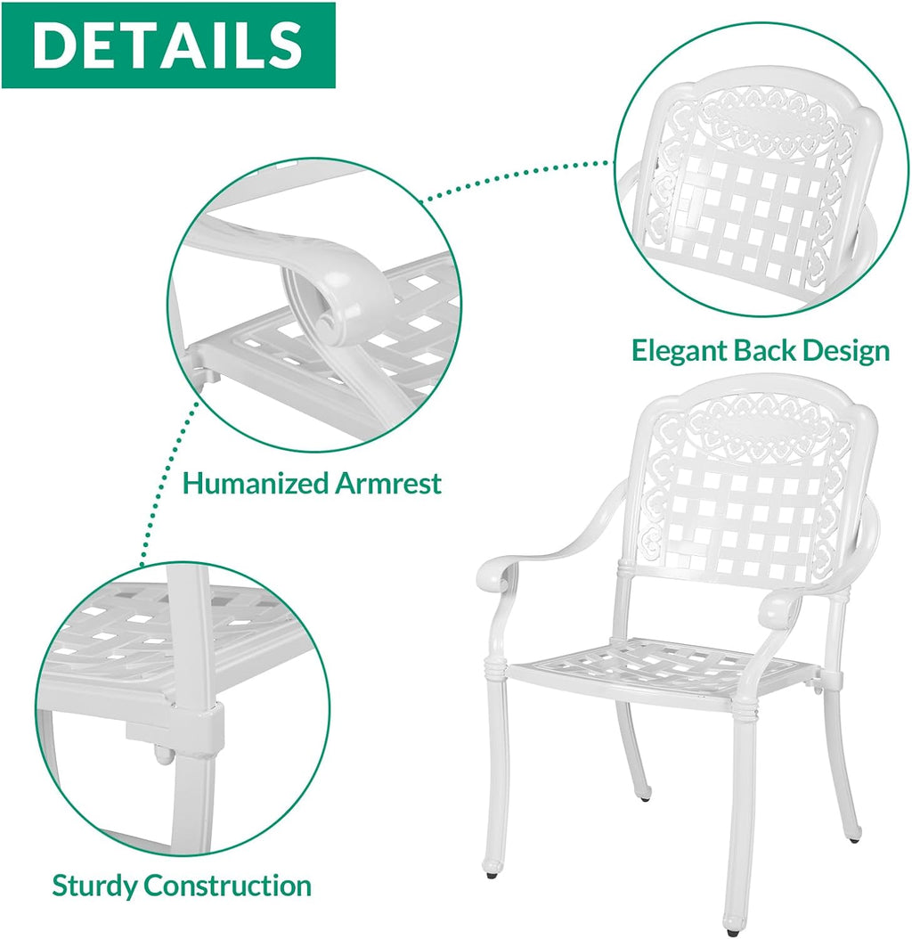 VIVIJASON 5-Piece Patio Furniture Dining Set, All-Weather Cast Aluminum Outdoor Conversation Set, Include 4 Chairs and 1 Round Table w/Umbrella Hole for Balcony, Lawn, Garden, Backyard, White