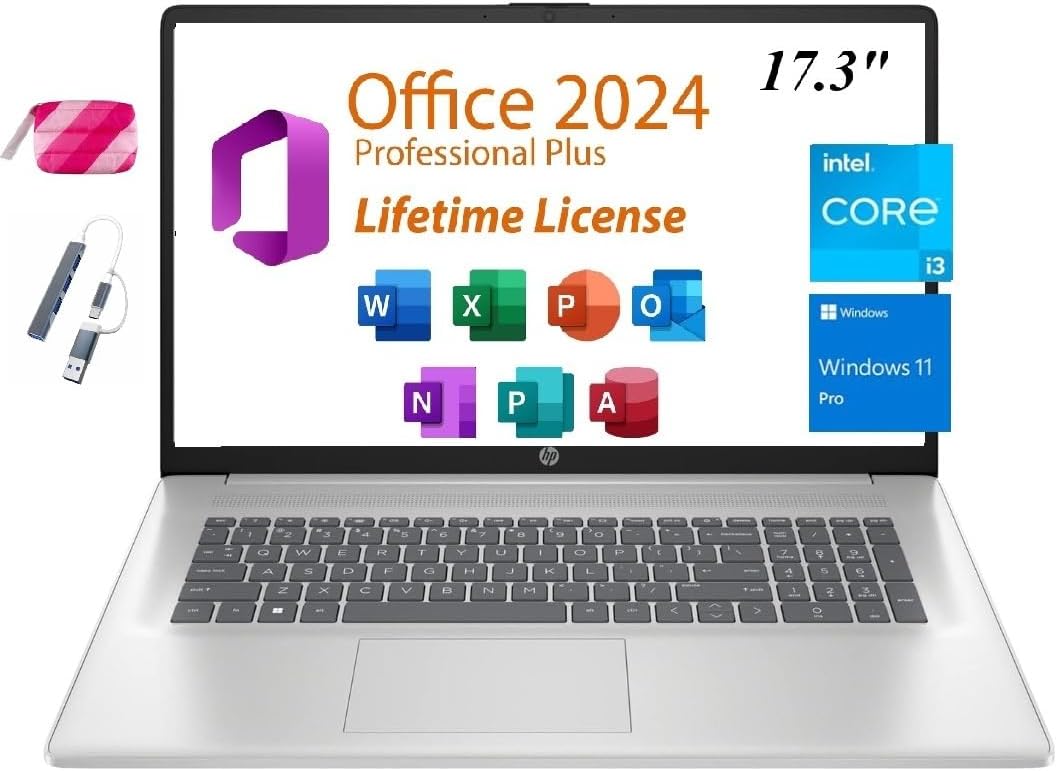 HP 2025 Premium 17 Laptop, Lifetime Office 2024, 17.3' HD+ Display, Intel Core i3-N305 Processor,12GB RAM, 256GB PCIe SSD, Wi-Fi 6, HDMI, Webcam, Windows 11 Pro, Silver