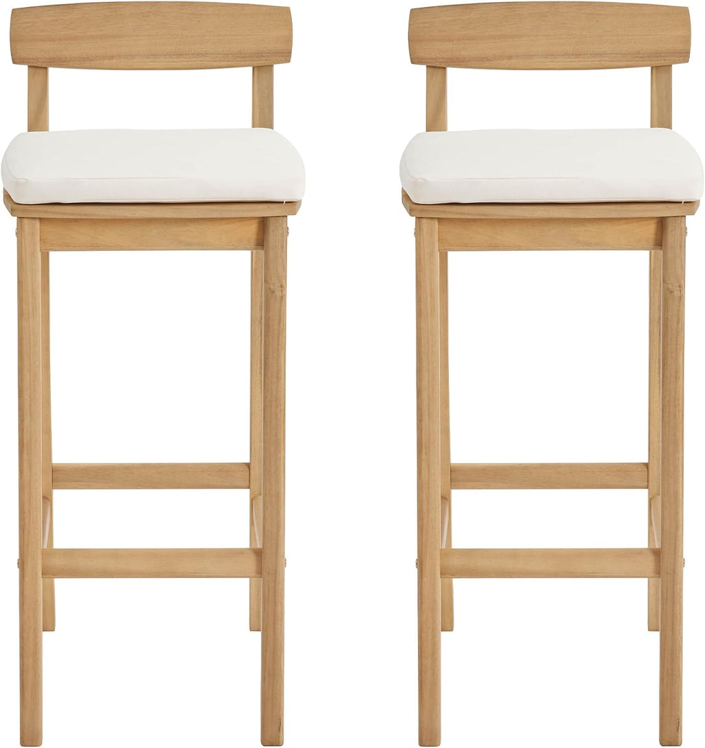 Patio Bar Stools Set of 2, Solid Acacia Wood Patio Barstools with Footrest, 28.5' Counter Height Outdoor Bar Stools, High Top Patio Bar Chairs for Balcony/Deck/Kitchen Island/Bistro, Beige
