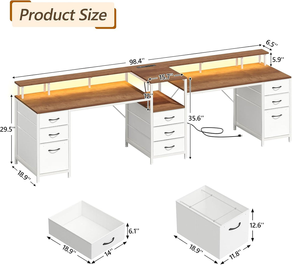 YOMILUVE 98.4' Long Computer Desk with 9 Drawers, 2 Person Gaming Desk with LED Lights & Power Outlet, Two Person Home Office Desk with Storage, Printer Shelf ＆ Monitor Stand, Brown and White