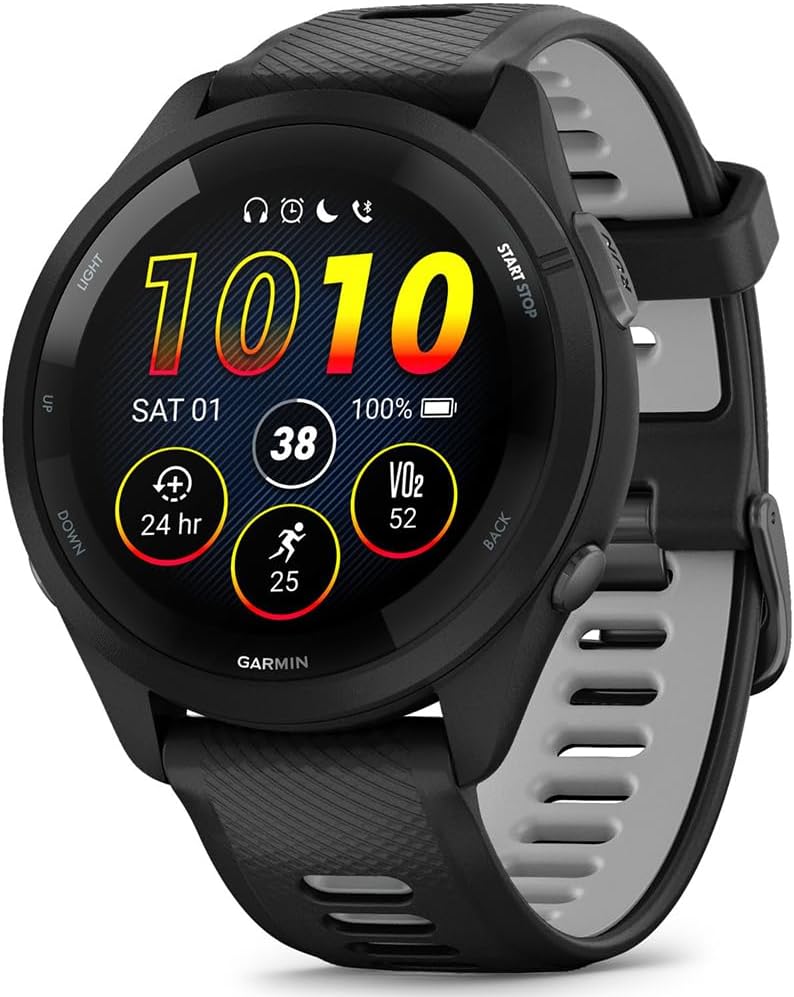 Garmin 010-02810-00 Forerunner 265 GPS Smartwatch Black/Powder Gray Bundle with Deco Essentials Exclusive CPS 26 Month Protection Pack