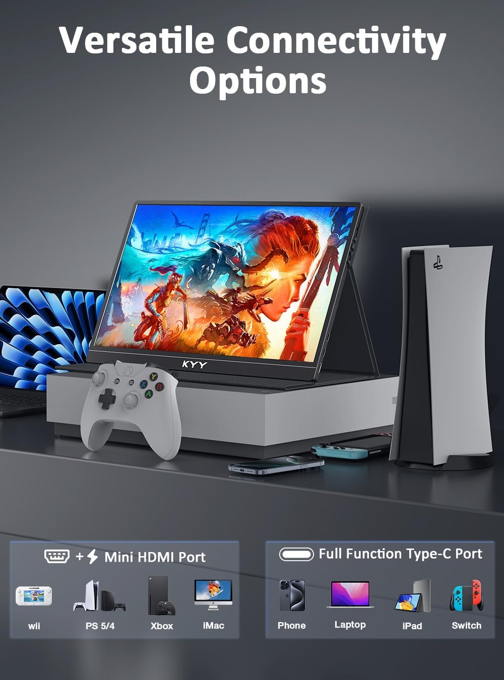 KYY 4K Portable Monitor 15.6' Portable Monitor for Laptop UHD IPS 3840X2160 External Screen with 100% sRGB & HDR Gaming Display for Laptop PS5/4 Xbox Switch with Speakers, VESA Compatible