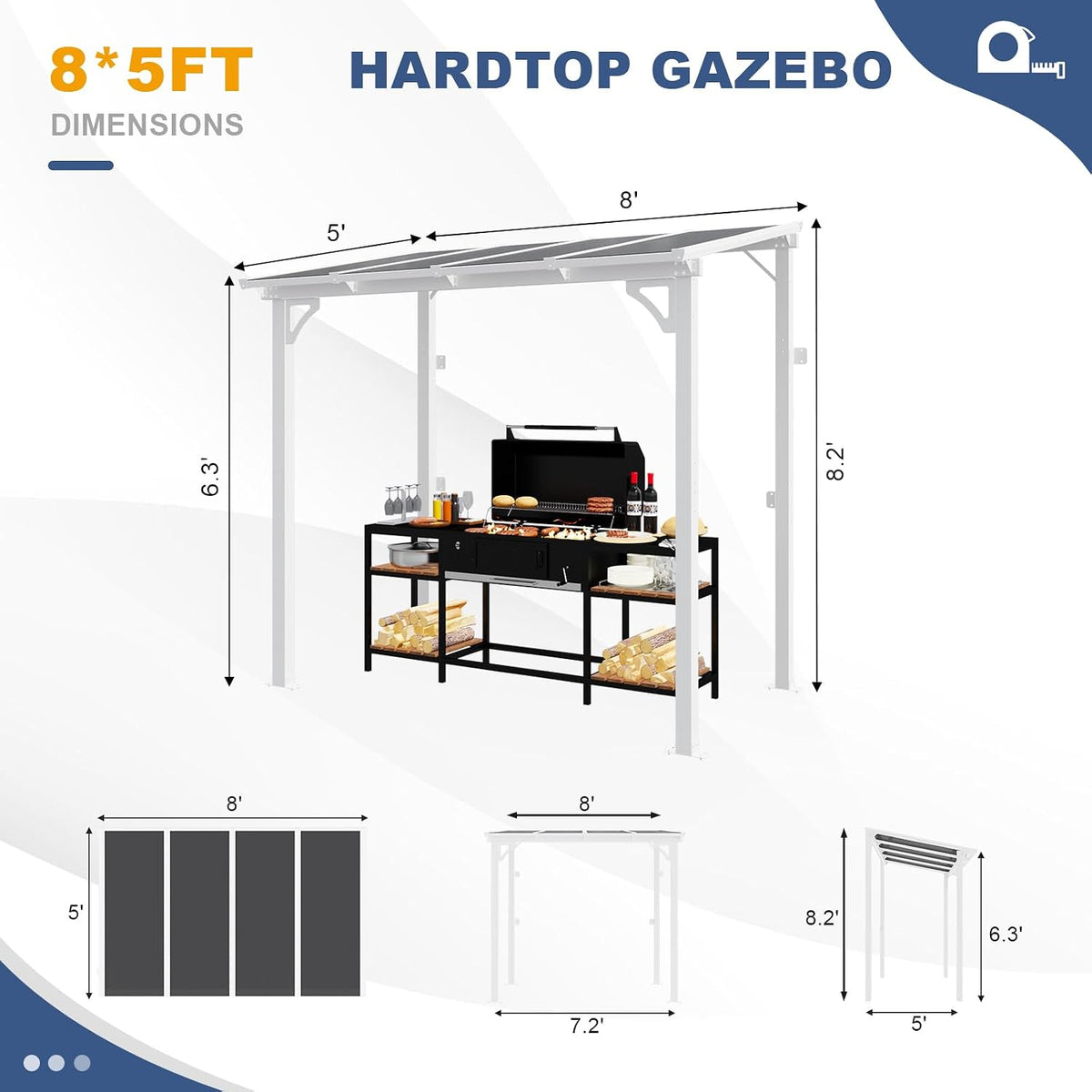 MEISSALIVVE 8' x 5' Gazebo Outdoor Pergola for Patio, Small Wall Mounted Lean to Metal Awnings with Sloped Roof, Heavy Duty Awnings for Patio, Decks, Backyard, White