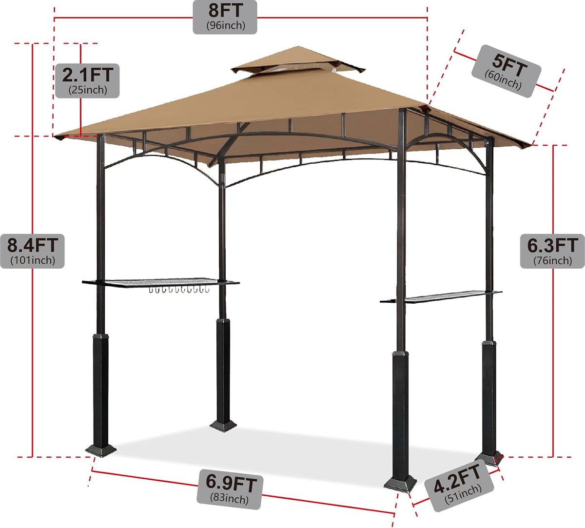 Eurmax USA 5x8 Grill Gazebo Shelter for Patio and Outdoor Backyard BBQ's, Double Tier Soft Top Canopy and Steel Frame with Bar Counters, Bonus LED Light X2(Khaki)