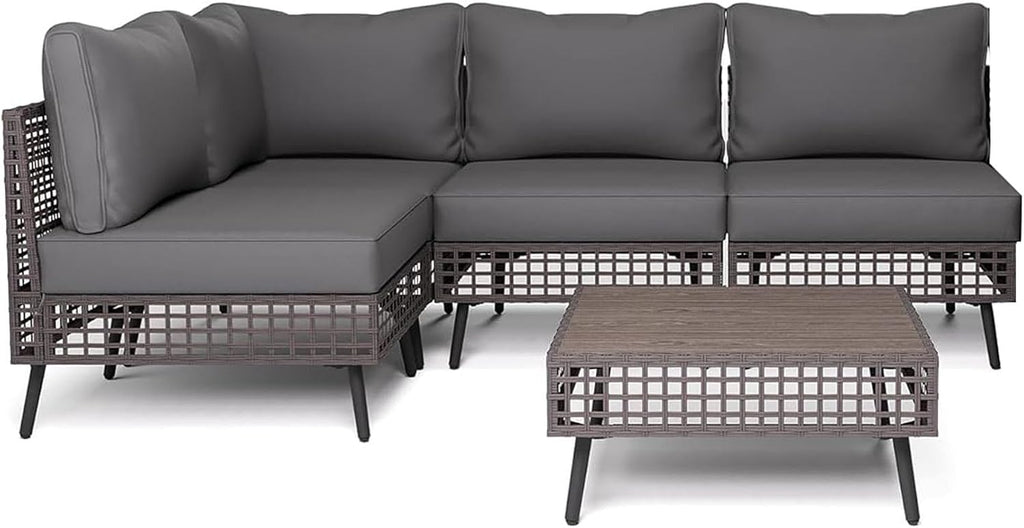 LAUSAINT HOME 5 Pieces Outdoor Sectional Sofa Set, All-Weather PE Wicker Rattan Patio Conversation Set with Thick Cushions & Coffee Table, Patio Furniture Set for Garden, Backyard, Porch (Grey)