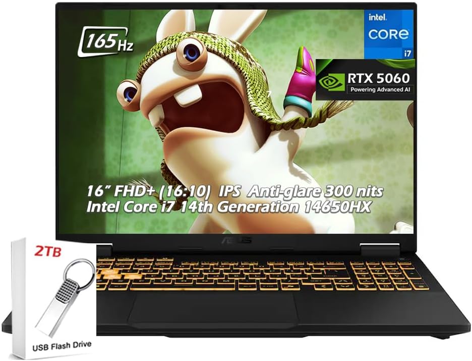 ASUS TUF 16' FHD+ (1920x1200) 165Hz Gaming Laptop, Intel Core i7-14650HX Processor, NVIDIA GeForce RTX 5060, 32GB RAM DDR5, 2TB SSD, Backlit KB, WiFi6E, Win11, Jaeger Gray, w/2TB USB Drive, W/GaLiMu