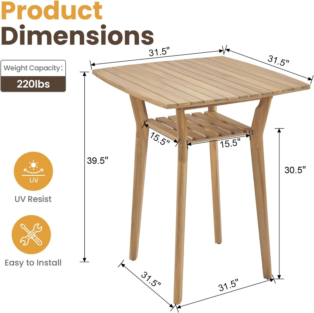Outdoor Bar Table, Solid Acacia Wood Patio Bar Table, 39.5' High Top Pub Table for Patio, Counter Height Bistro Table for Balcony/Backyard/Deck, Natural