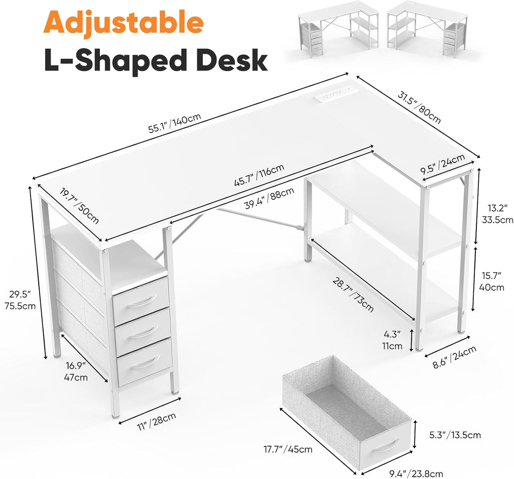 DUMOS L Shaped Desk with Shelf Drawers 55 Inch, White Corner Computer Desks Gaming with Power Outlet, Study Table with Adjustable Shelves, Home Office Tables for Bedroom Teacher Reading Writing