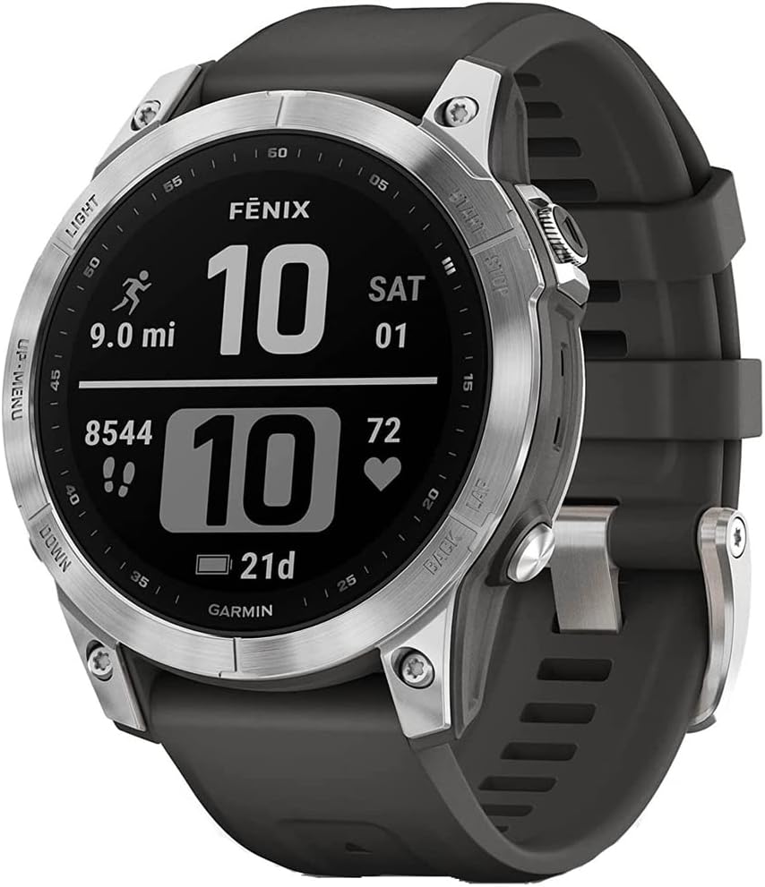 Garmin 010-02540-00 Fenix 7 Smartwatch Silver with Graphite Band | Official USA Partner Model | Bundle with 2 YR CPS Enhanced Protection Pack