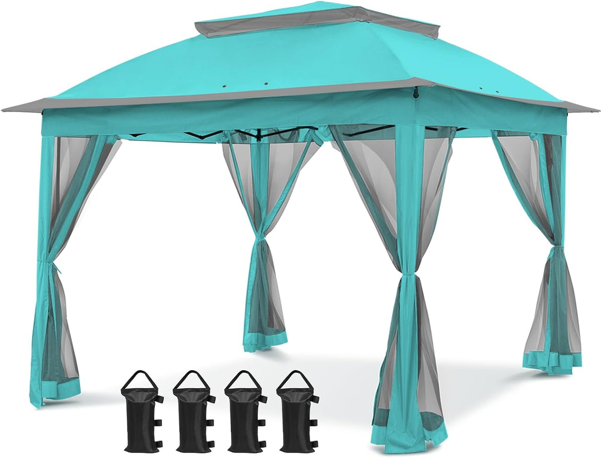 COOS BAY 11x11 Pop Up Gazebo with Mesh Netting, Instant Outdoor Canopy Tent, Water Resistant Shelter with UPF 50+ UV Protection, 121 Sq Ft Coverage, Aqua Blue