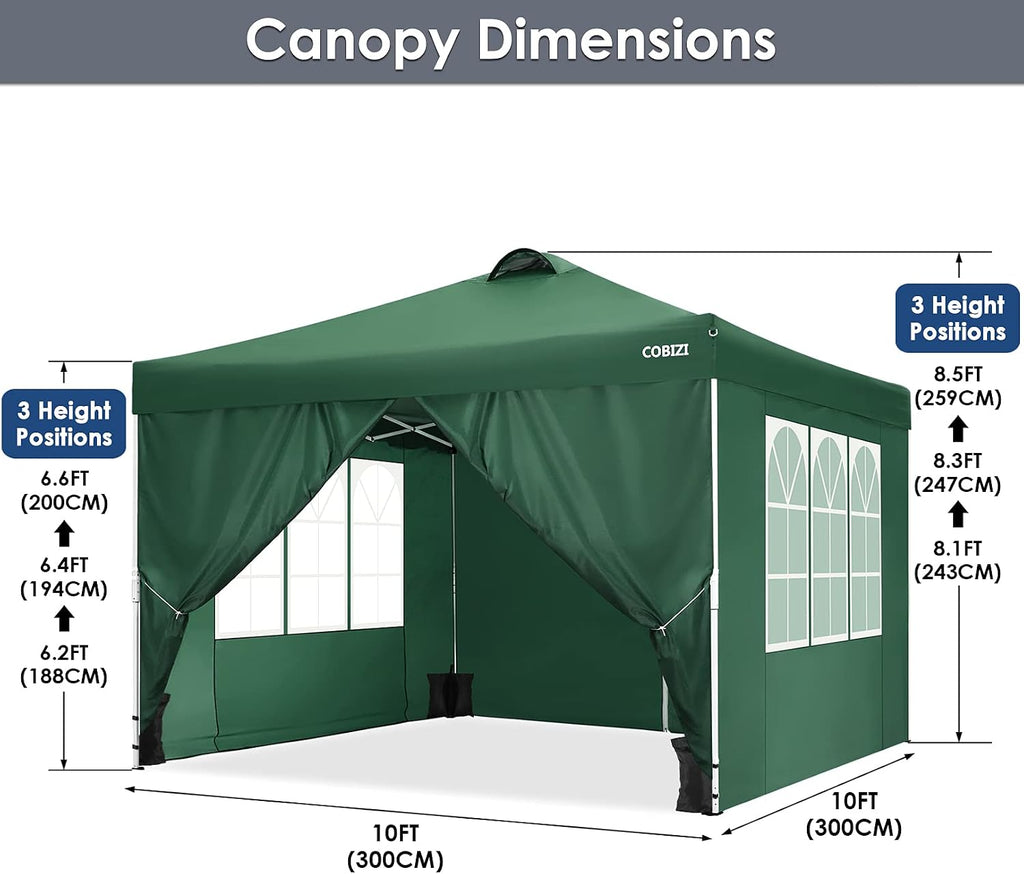 COBIZI Pop Up Canopy Tent Beach Canopy Outdoor Portable with Air Vent, 4 Removable Sides and Sandbags, 10x10, Green