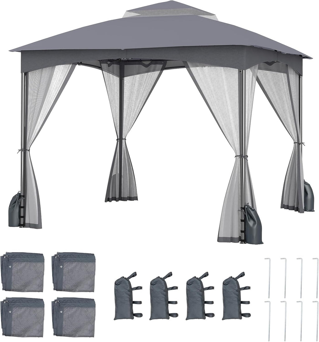 Tangkula 10x10 FT Outdoor Gazebo with Netting, Double Roof Patio Shelter with 4 Sandbags, Zippered Doors, Heavy-Duty Metal Frame, Metal Patio Gazebo for Yard Garden Lawn (Grey)