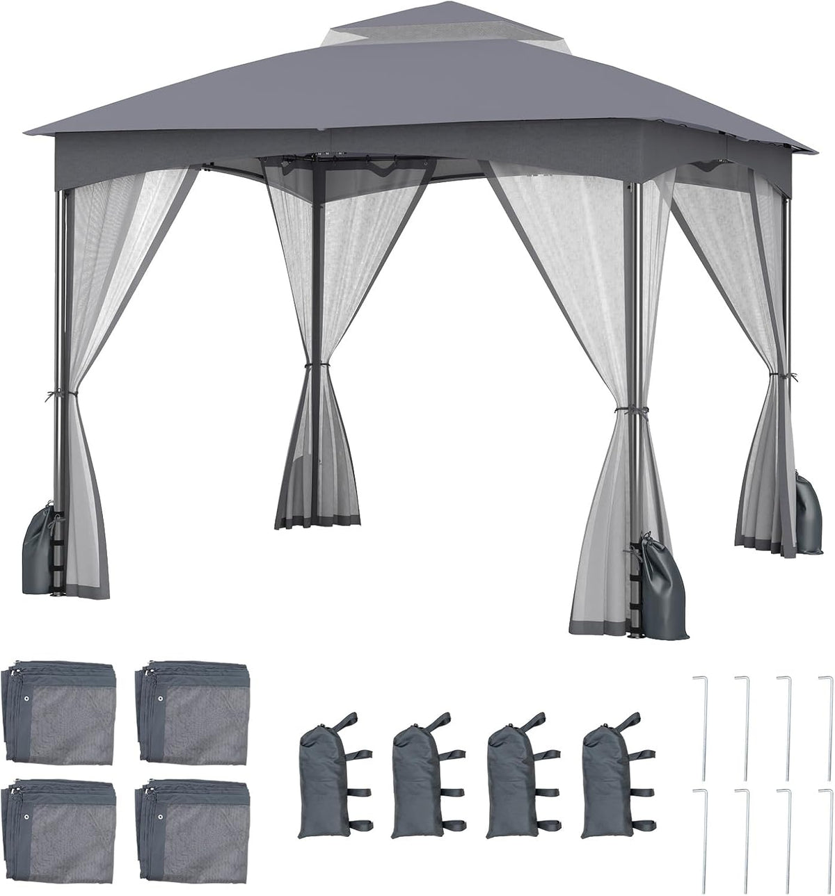 Tangkula 10x10 FT Outdoor Gazebo with Netting, Double Roof Patio Shelter with 4 Sandbags, Zippered Doors, Heavy-Duty Metal Frame, Metal Patio Gazebo for Yard Garden Lawn (Grey)