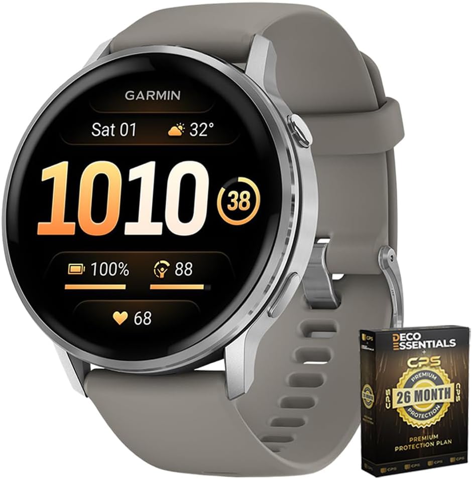 Garmin 010-03014-01 Venu 4, 45 mm Health & Fitness GPS Smartwatch, Silver with Silver Gray Band Bundle with Deco Essentials Exclusive 26 Month CPS Enhanced Protection Pack