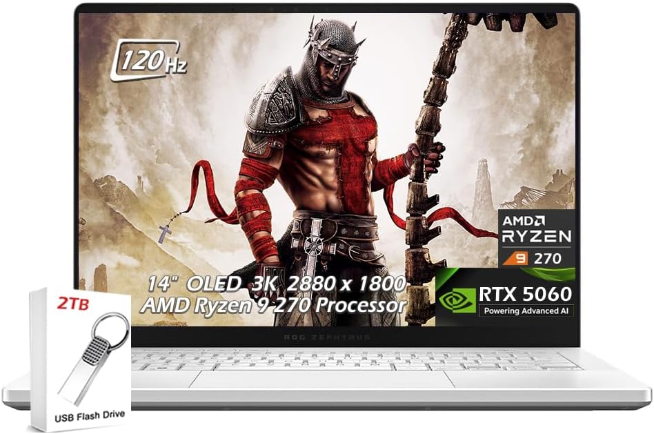 ASUS ROG Zephyrus G14 14' 3K OLED 120Hz Gaming Laptop, AMD Ryzen 9 270, NVIDIA GeForce RTX 5060, 16GB LPDDR5X RAM 1TB SSD, Micro SD, WiFi7, Backlit KB, Win11, Platinum White, 2TB USB Drive, W/GaLiMu