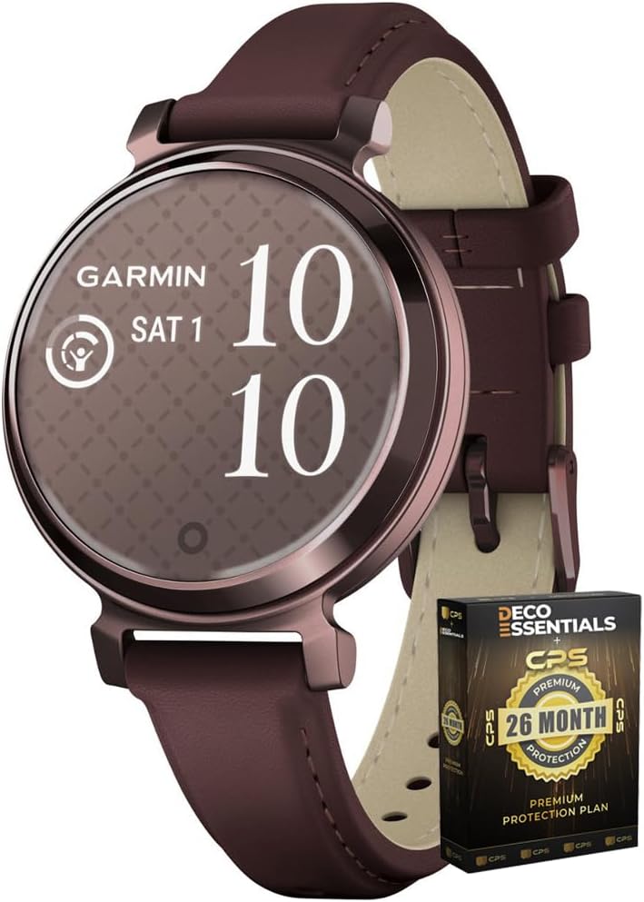 Garmin 010-02839-03 Lily 2 Classic Dark Bronze with Mulberry Leather Band Smartwatch | Official USA Partner Model | Bundle with Deco Essentials Exclusive 26 Month CPS Enhanced Protection Pack