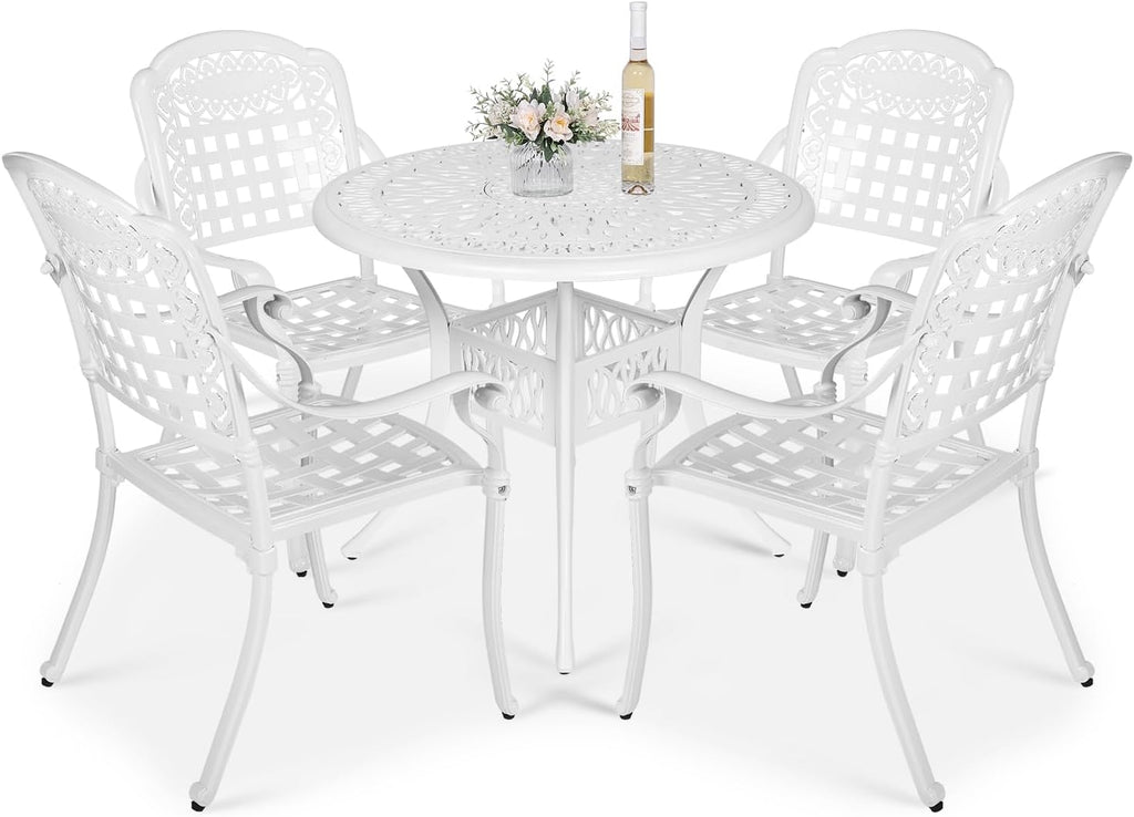 VIVIJASON 5-Piece Outdoor Patio Furniture Dining Set, All-Weather Cast Aluminum Conversation Set, Include 4 Chairs and 38.5' Round Table w/Umbrella Hole for Balcony, Lawn, Garden, Backyard, White