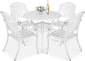 VIVIJASON 5-Piece Outdoor Patio Furniture Dining Set, All-Weather Cast Aluminum Conversation Set, Include 4 Chairs and 38.5' Round Table w/Umbrella Hole for Balcony, Lawn, Garden, Backyard, White