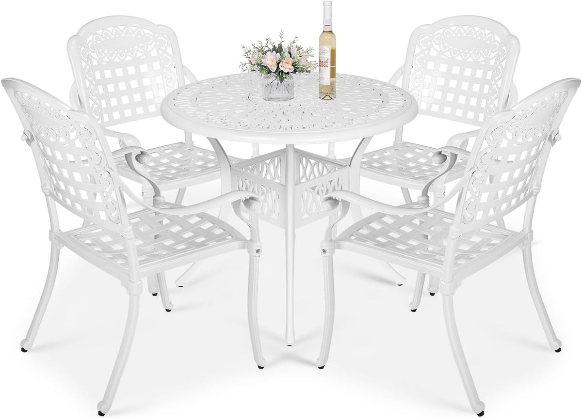 VIVIJASON 5-Piece Outdoor Patio Furniture Dining Set, All-Weather Cast Aluminum Conversation Set, Include 4 Chairs and 38.5' Round Table w/Umbrella Hole for Balcony, Lawn, Garden, Backyard, White