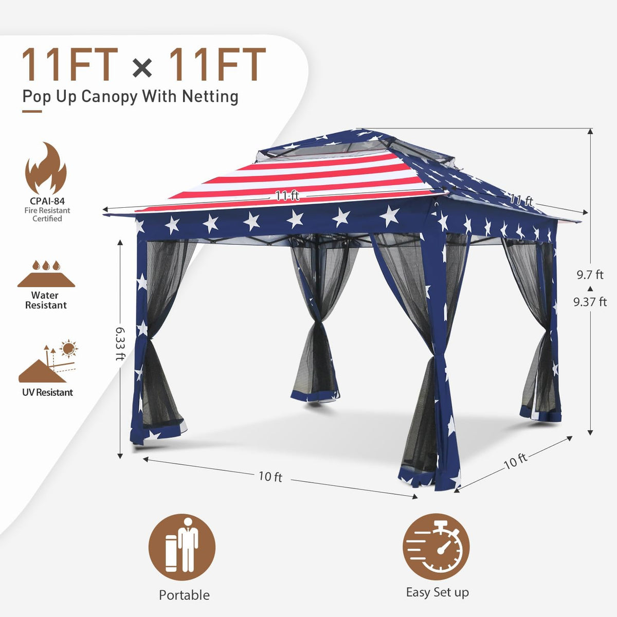 COOS BAY 11x11 Pop Up Gazebo with Mesh Netting, Instant Outdoor Canopy Tent, Water Resistant Shelter with UPF 50+ UV Protection, 121 Sq Ft Coverage, American Flag
