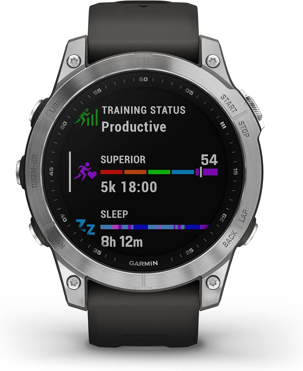 Garmin 010-02540-00 fenix 7, adventure smartwatch, rugged outdoor watch with GPS, touchscreen, health and wellness features, silver with graphite band (Renewed)