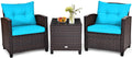 HAPPYGRILL 3 Pieces Patio Conversation Set, Outdoor Furniture Set PE Rattan Sofa Set with Removable Cushions, PE Wicker Chairs with Tempered Glass Side Table for Porch Lawn Garden Balcony Backyard