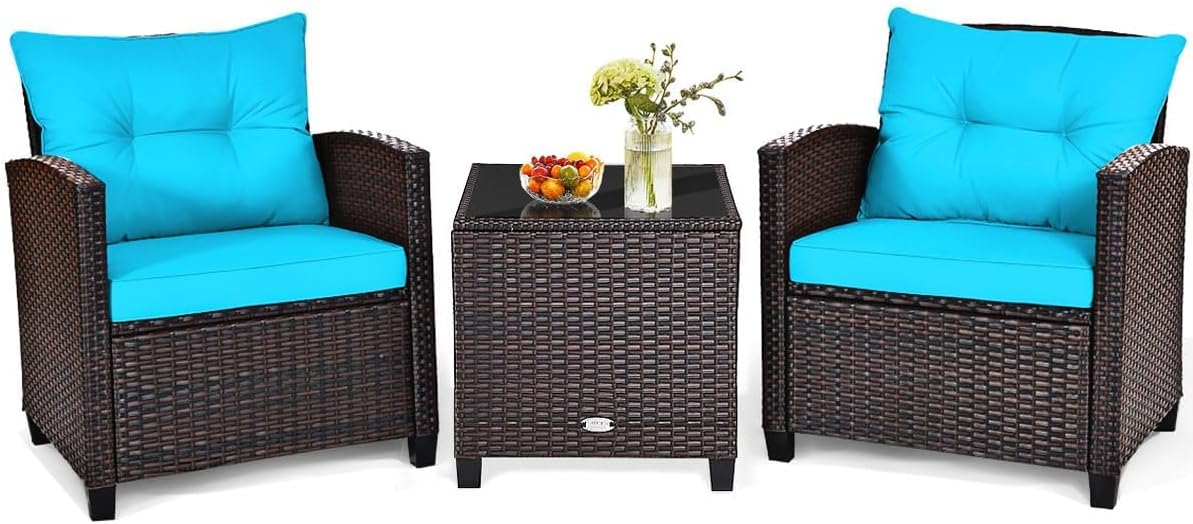 HAPPYGRILL 3 Pieces Patio Conversation Set, Outdoor Furniture Set PE Rattan Sofa Set with Removable Cushions, PE Wicker Chairs with Tempered Glass Side Table for Porch Lawn Garden Balcony Backyard