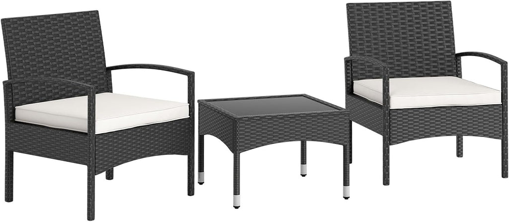 RELAX4LIFE 3-Piece Patio Furniture Set - Rattan Conversation Set, Wicker Bistro Set w/2 Chairs, Glass Coffee Table, Steel Frame, Outdoor Chairs Set for Yard Balcony, Front Porch Furniture (Off White)