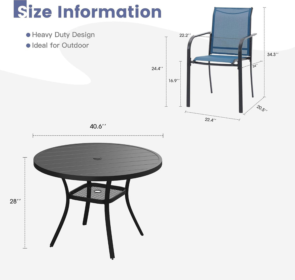 VICLLAX Round Outdoor Dining Set, Patio Table and Chairs Set Set of 4 Patio Stackable Chairs and 40.6' Outdoor Round Table with Umbrella Hole for Backyard Lawn Garden, Blue Chairs and Black Table