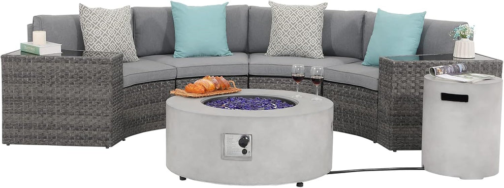 SUNSITT 8 Piece Patio Furniture Set with Propane Fire Pit Half-Moon Curved Patio Set Outdoor Sectional Sofa with 36in Grey Gas Fire Table & Tank Cover, Grey Rattan