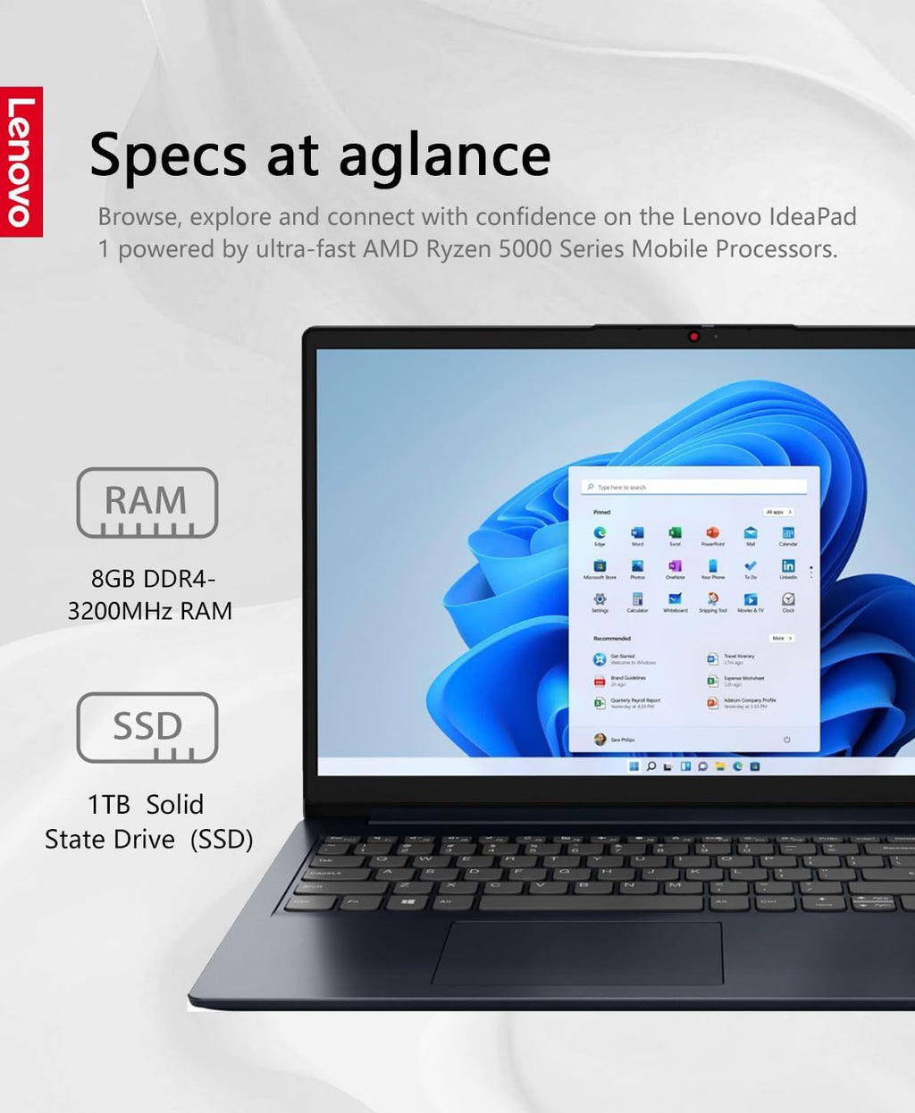 Lenovo Ideapad 1 Laptop, 15.6' FHD (1920x1080) IPS 300nits Anti-Glare Display, Touch, Ryzen 5 7520U, 8GB RAM, 1TB Storage, AMD Radeon Graphics, HDMI, Windows 11, HDMI, Abyss Blue