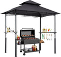 VEVOR Grill Gazebo, 8 x 5 ft Reinforced Outdoor BBQ Gazebo with Double-Tiered Roof, Powder-Coated Steel Patio Grill Shelter with 2 Side Shelves & 8 Hooks, Grilling Canopy for Patio Backyard Garden