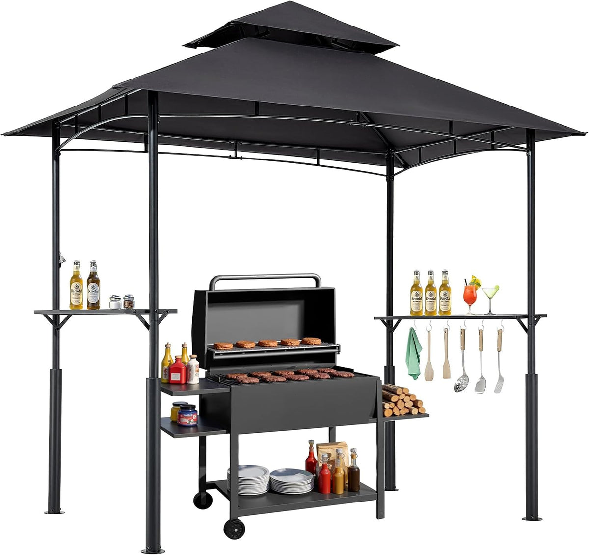 VEVOR Grill Gazebo, 8 x 5 ft Reinforced Outdoor BBQ Gazebo with Double-Tiered Roof, Powder-Coated Steel Patio Grill Shelter with 2 Side Shelves & 8 Hooks, Grilling Canopy for Patio Backyard Garden