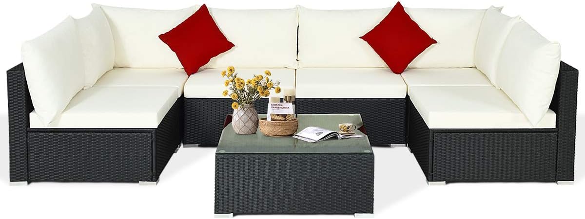HAPPYGRILL 7-Pieces Patio Furniture Set Outdoor Rattan Wicker Sectional Sofa Set with Cushions & Pillows & Coffee Table for Garden Lawn